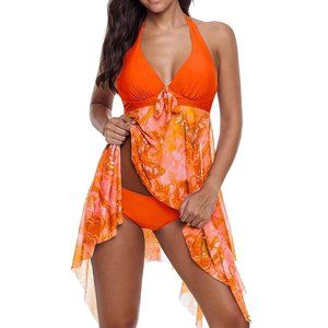 2PC Plus Halter Patchwork Mesh Uneven Hem Handkerchief Tankini Swim Dress 4XL